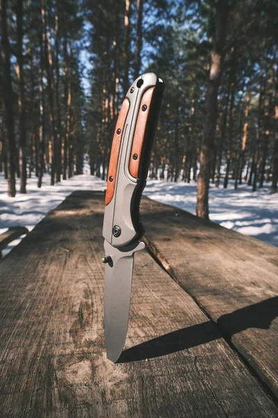 Складной Нож Прилипает Столу Стоящему Зимнем Сосновом Лесу — стоковое фото