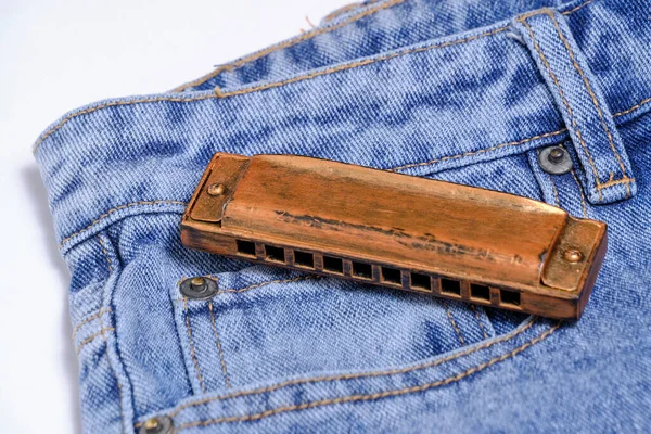 Harmonica Instrument Muzyczny Leży Jeansowych Spodniach — Zdjęcie stockowe