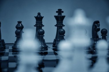 Siyah satranç taşları. Arka plan. Beyaz satranç taşları satranç tahtasında duruyor.