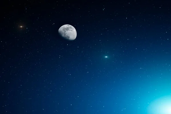 Lua Fundo Céu Estrelado Luz Azul Terra — Fotografia de Stock