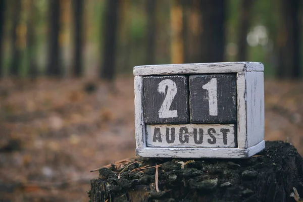 August 21 summer month, wooden calendar with date and month in forest