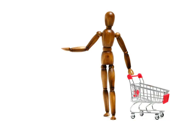 Brown Mannequin Stands Front Shopping Cart Concept Going Supermarket Store — Stock Photo, Image