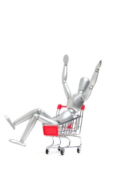 Manken alışveriş arabasında oturur ve elleri havada sevinir. Süpermarkete gidip alışveriş yapmanın keyfi kavramı.