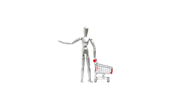 Biały Manekin Stoi Przednim Koszyku Zakupowym Concept Będzie Supermarket Przechowywać — Zdjęcie stockowe