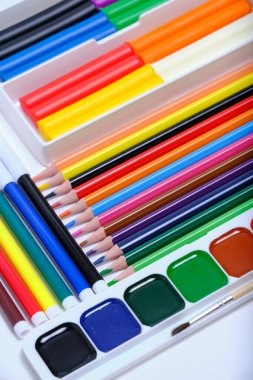 Children, school set for creativity and drawing from colored pencils, watercolor paints, felt tip pens and plasticine clipart