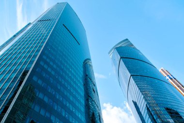 Moskova Rusya 12.05.2023.Moskova Şehri 'nin cam gökdelenleri. Tepeden tırnağa manzara