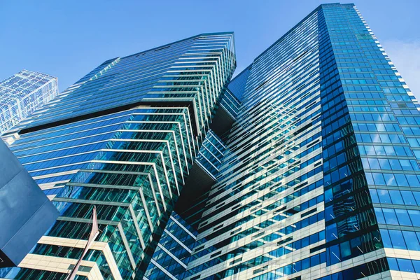 stock image Moscow Russia 12.05.2023.Glass skyscrapers of Moscow City.View from bottom to top