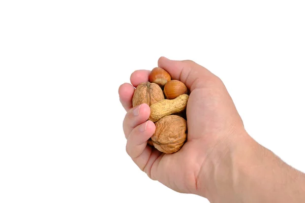 Různé Ořechy Ruce Bílé Pozadí — Stock fotografie