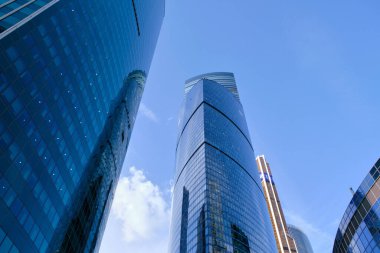 Moskova Rusya 12.05.2023.Moskova Şehri 'nin cam gökdelenleri. Tepeden tırnağa manzara