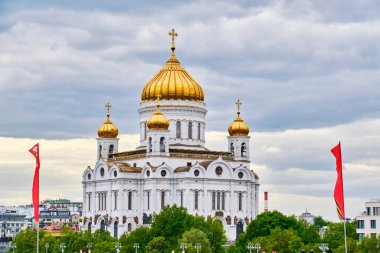Moskova Rusya 08.05.2023. Katedral İsa Kurtarıcı arka plan 9 Mayıs 'ta kuruldu