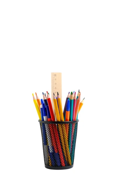 Organizer Pencils Ruler Stand Stationery Form Bucket White Background — Stock Photo, Image