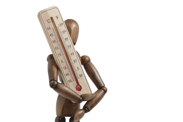 Wooden Mannequin Holds Street Thermometer White Background Closeup — Stock Photo, Image