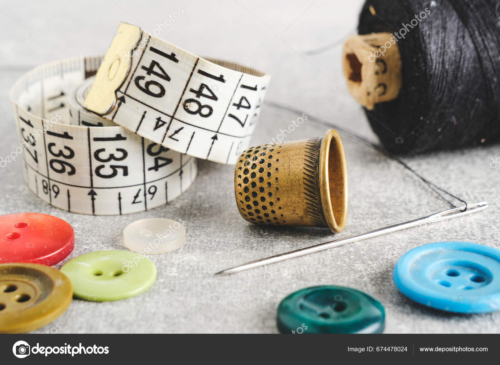 Sewing Kit Needle Thimble Thread Measuring Meter Gray Concrete Table