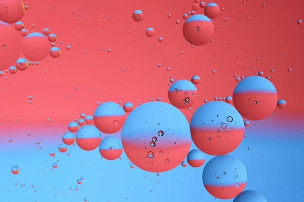 Macro photo with circles oil droplets water surface. Abstract blue and red background with oil bubbles