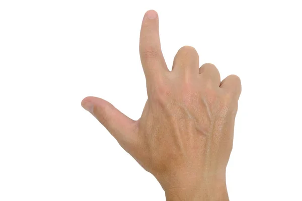 Man Hand Witte Achtergrond Met Kromme Wijsvinger Stockafbeelding