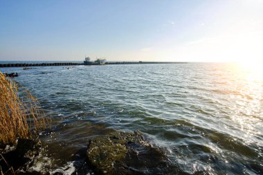 Terk edilmiş eski paslı gemi iskeleye demirlemiş.