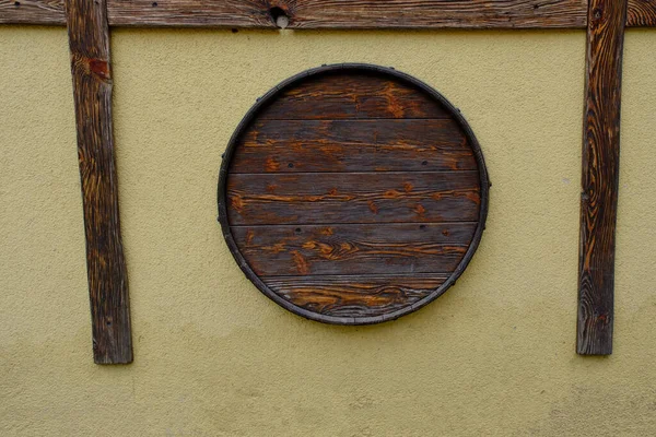 Decor on wall building form wooden wine barrel