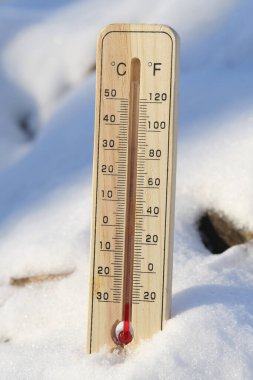 Güneşli ve dondurucu havada, kar üzerinde tahta termometre. 30 derece.