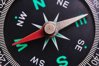 Dial compass in closeup, arrow indicates direction west clipart