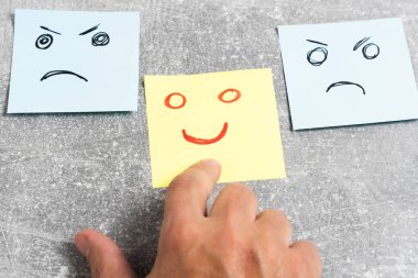 İki kızgın ve neşeli duygu. El, kağıt çıkartmalara yazılmış üç resimden olumlu duygular çıkarıyor. Seçim kavramı