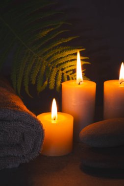 Eğreltiotu yapraklarının arka planında mumlar, havlular ve taşlar olan spa kompozisyonu