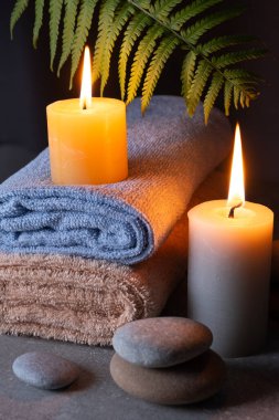 Havluları, mumları, taşları ve eğreltiotu yaprakları olan bir spa salonu.
