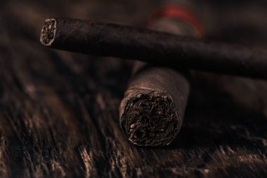 Cigar on dark wooden background. Selective focus clipart