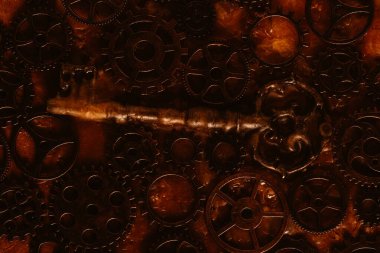 Steampunk geçmişi. Karanlık bir arka planda dişliler ve dişliler