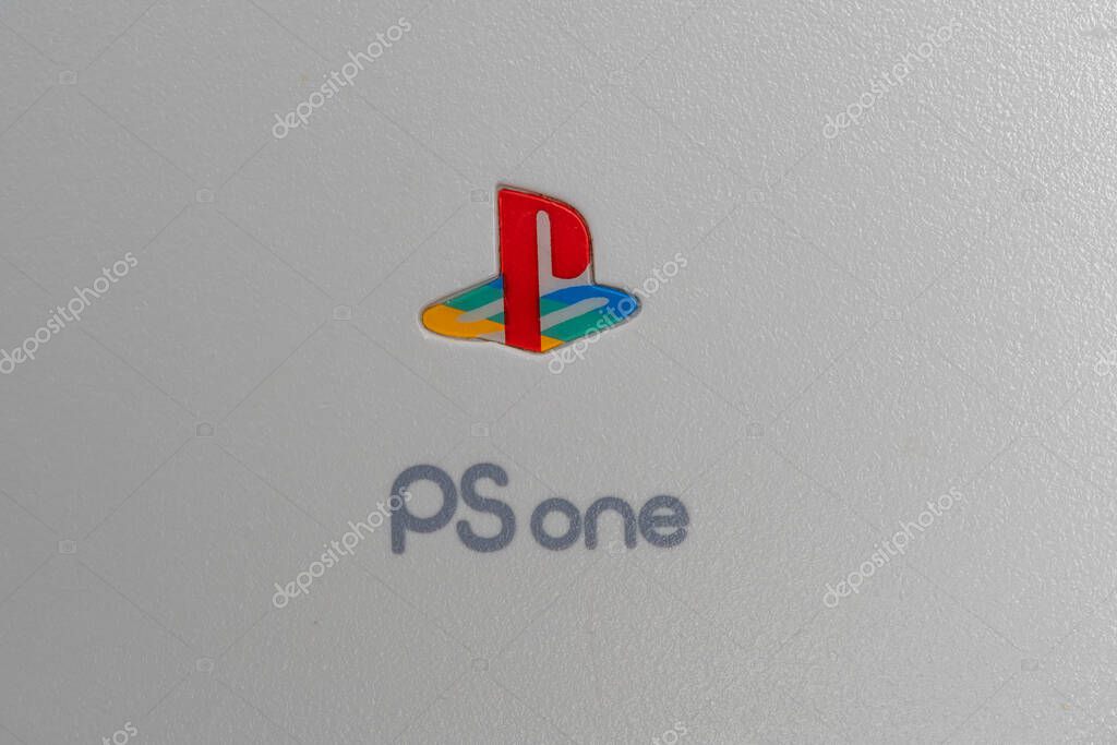 Photo studio on March 19, 2025.SonyPlaystation PS one logo in closeup on a game console