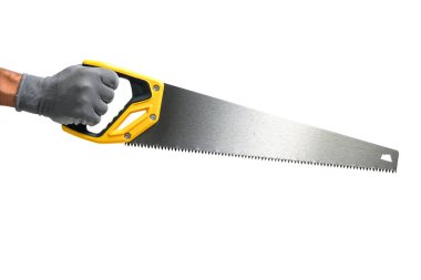 Beyaz arka planda gri eldivenli demir testeresi var. Yapı aracı