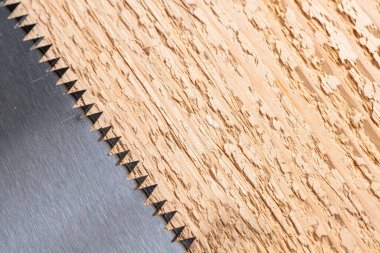 Yakın çekim testeresi, tahta üzerinde bıçak.