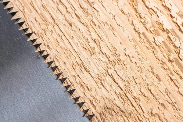 Yakın çekim testeresi, tahta üzerinde bıçak.