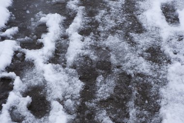 Ice and snow slush on road in winter, closeup photo