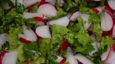 Taze karışık salata yaprakları, dilimlenmiş turp ve beyaz tabakta dönen maydanoz. Üst düzey, kilo verme diyeti, vejetaryen, sağlıklı yiyecekler. Yüksek kalite 4k görüntü