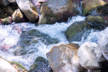 Geniş kayaların üzerinden akan küçük ve hızlı bir akarsuyun yüksek açılı yakın çekim görüntüsü. Yüksek kalite fotoğraf