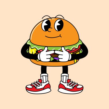 El ve ayaklı hamburger retro maskotu. Komik komik karakterli ve eldivenli eski moda maskot çizgi film çıkartmaları..