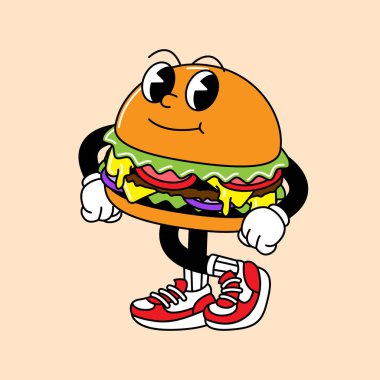 El ve ayaklı hamburger retro maskotu. Komik komik karakterli ve eldivenli eski moda maskot çizgi film çıkartmaları..
