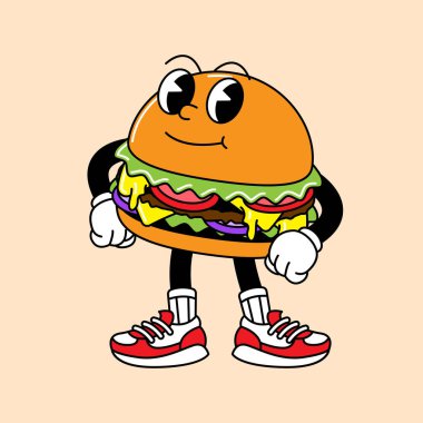 El ve ayaklı hamburger retro maskotu. Komik komik karakterli ve eldivenli eski moda maskot çizgi film çıkartmaları..