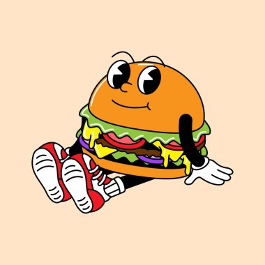 El ve ayaklı hamburger retro maskotu. Komik komik karakterli ve eldivenli eski moda maskot çizgi film çıkartmaları..