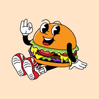 El ve ayaklı hamburger retro maskotu. Komik komik karakterli ve eldivenli eski moda maskot çizgi film çıkartmaları..