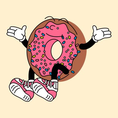 El ve ayaklı retro donut maskotu. Donut ve Fast Food Retro eski moda maskot çıkartmaları komik komik karakterler ve eldivenli eller..