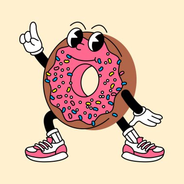 El ve ayaklı retro donut maskotu. Donut ve Fast Food Retro eski moda maskot çıkartmaları komik komik karakterler ve eldivenli eller..