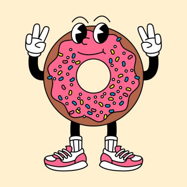 El ve ayaklı retro donut maskotu. Donut ve Fast Food Retro eski moda maskot çıkartmaları komik komik karakterler ve eldivenli eller..