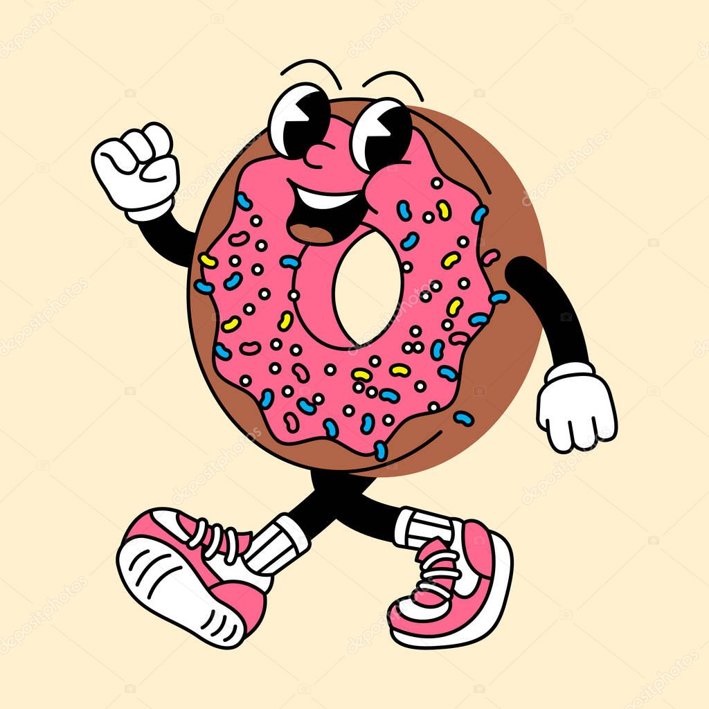 Donut retro mascot with hand and foot. Donut and Fast Food Retro vintage mascot cartoon stickers with funny comic characters and gloved hands.