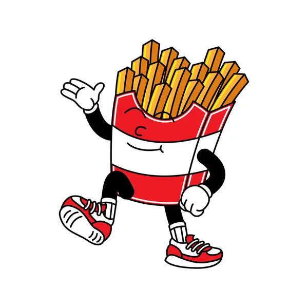 El ve ayaklı Fransız kızartması retro maskotu. Fransız kızartmaları ve Fast Food Retro klasik maskot çıkartmaları komik çizgi karakterler ve eldivenli eller..
