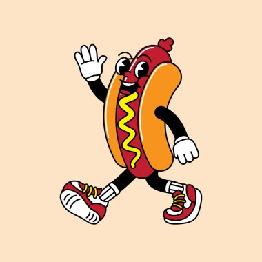 El ve ayaklı Hotdog retro maskotu. Hotdog, sosis ve Fast Food Retro marka komik karakterli ve eldivenli maskot etiketleri..