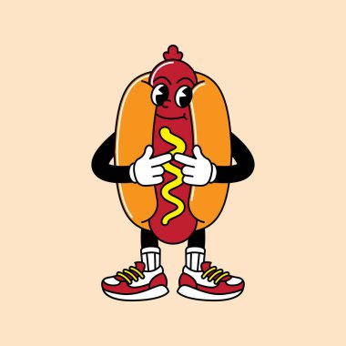 Hotdog retro mascot with hand and foot. Hotdog, sausage, and Fast Food Retro vintage mascot cartoon stickers with funny comic characters and gloved hands. clipart