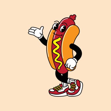 El ve ayaklı Hotdog retro maskotu. Hotdog, sosis ve Fast Food Retro marka komik karakterli ve eldivenli maskot etiketleri..