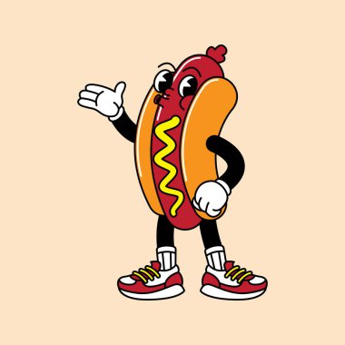 El ve ayaklı Hotdog retro maskotu. Hotdog, sosis ve Fast Food Retro marka komik karakterli ve eldivenli maskot etiketleri..