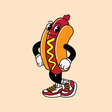 El ve ayaklı Hotdog retro maskotu. Hotdog, sosis ve Fast Food Retro marka komik karakterli ve eldivenli maskot etiketleri..